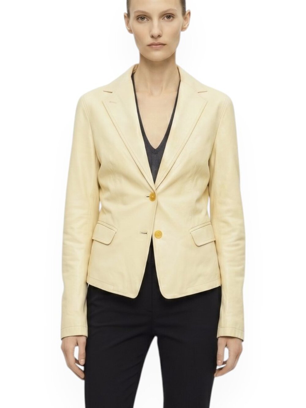 Donna Karan Black Label Ivory Vanilla White Lambskin Leather Jacket Blazer US 10
